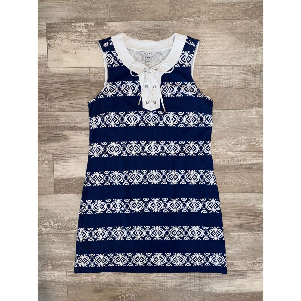 Tommy Bahama Sleeveless Pima Cotton Lace-Up Shift Dress Blue White Print Medium - Picture 2 of 9